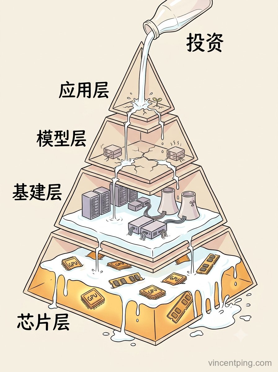 AI 产业金字塔：投资像奶一样从顶部倒入，一层层漏下去，芯片层满溢，基建层只接到一点，模型层和应用层几乎滴水未沾