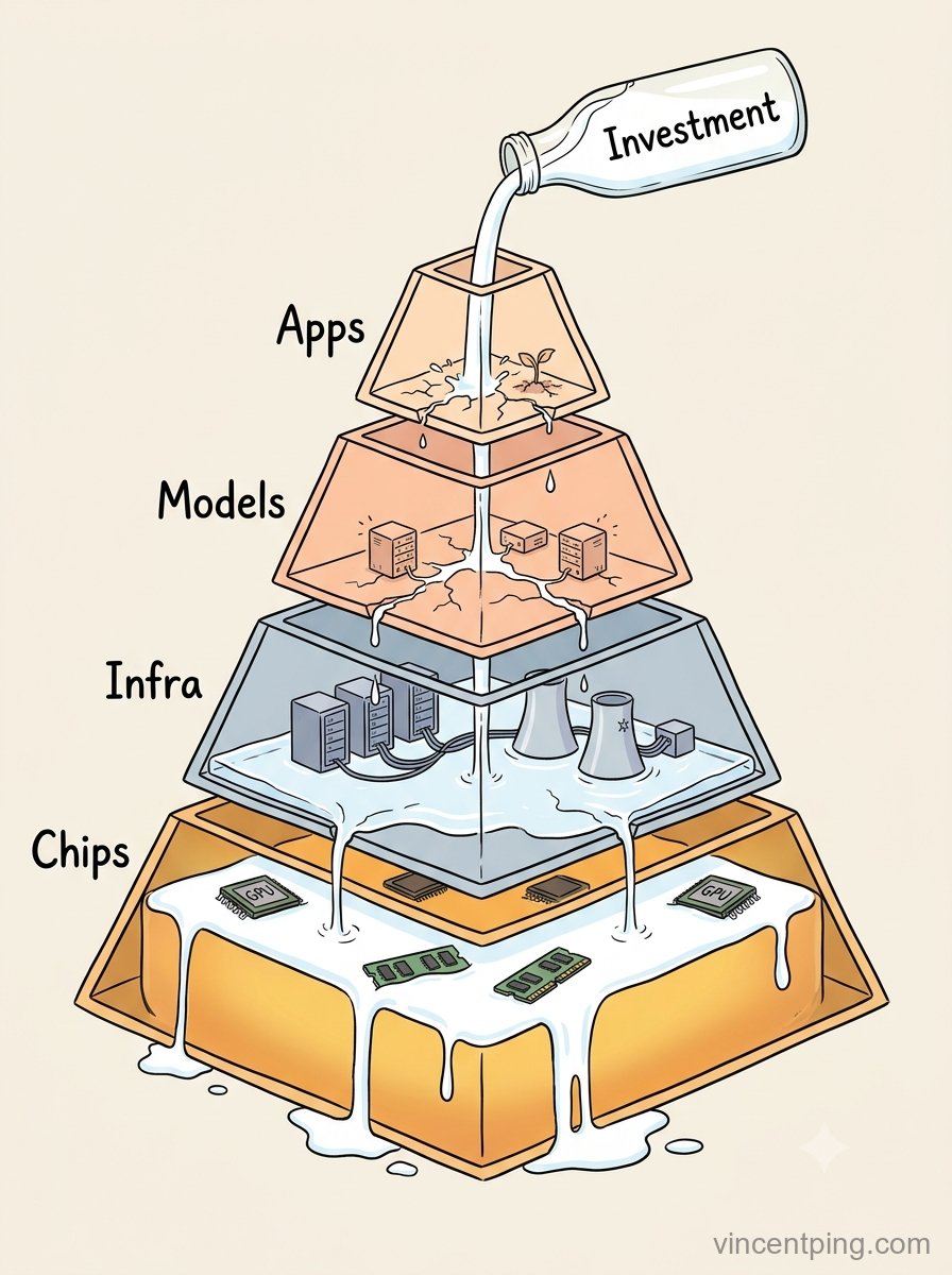 AI industry pyramid: investment pours in from the top like milk, leaks down layer by layer — the chip layer overflows, infrastructure catches a little, models and applications are left almost dry